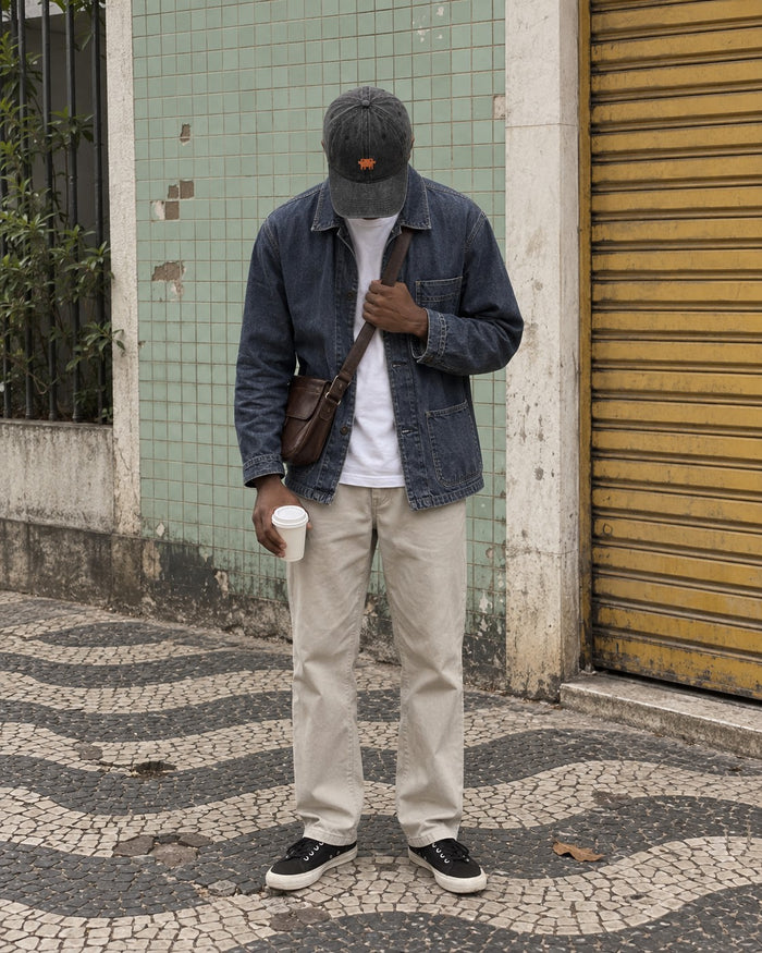 Rapaz de jaqueta jeans usando o boné Claude Code preto numa calçada de São Paulo