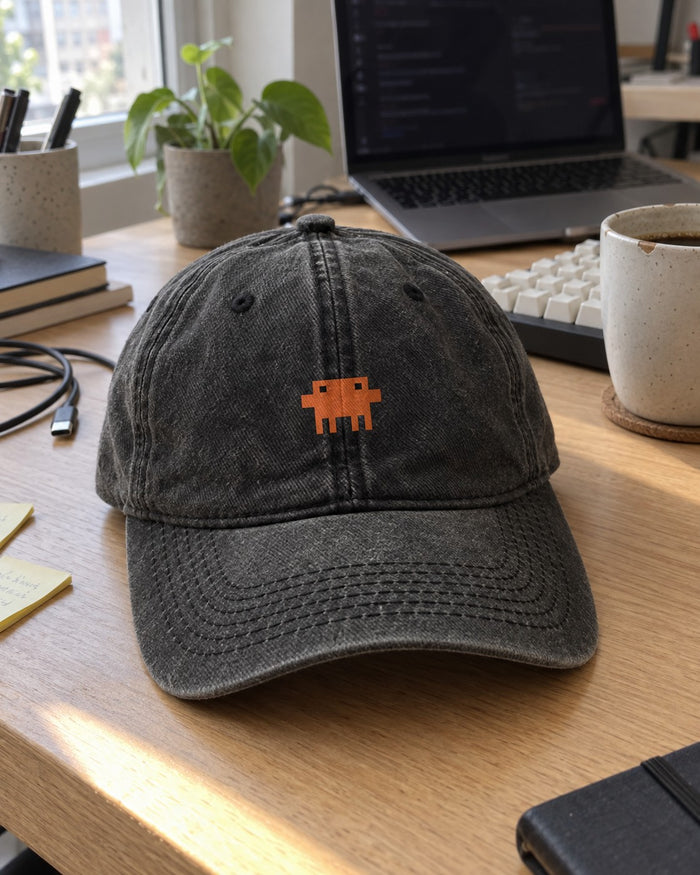 Boné Claude Code preto sobre a mesa de um home office, com notebook e teclado