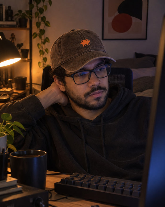 Boné Claude Code café em uso